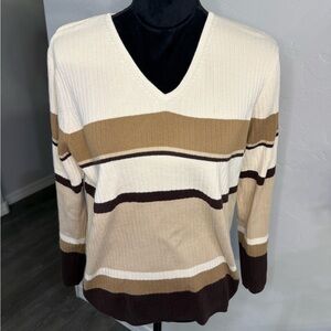 Y2K Liz Claiborne Women’s 100% Cotton V-Neck Sweater - Cream, Brown, Tan. L